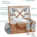 Wicker Picnic Basket Set for 2 Persons with Waterproof Picnic Blanket and Large Insulated Cooler Compartment, Willow Picnic Hamper Basket with Cutlery Service Kits for Camping, Wedding (Red)