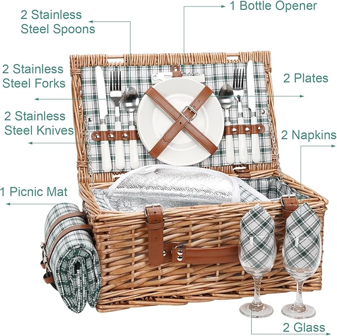 Wicker Picnic Basket Set for 2 Persons with Waterproof Picnic Blanket and Large Insulated Cooler Compartment, Willow Picnic Hamper Basket with Cutlery Service Kits for Camping, Wedding (Red)