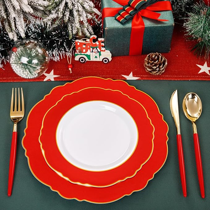 WDF 60pcs Red Plastic 4th of July Plates Gold Rim - 10.25inch Red Dinner Plates Disposable Plates Table Decor for 4th of July