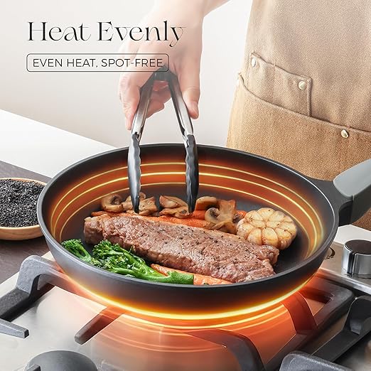 PRICUSIS Nonstick Frying Pan, 8/10/12 Inch Skillet with Stay Cool Handle, Fully Coated, Induction Compatible & Oven Safe, 100% Dishwasher Safe, PTFE & PFOA Free（8 Inch, Black Sesame）