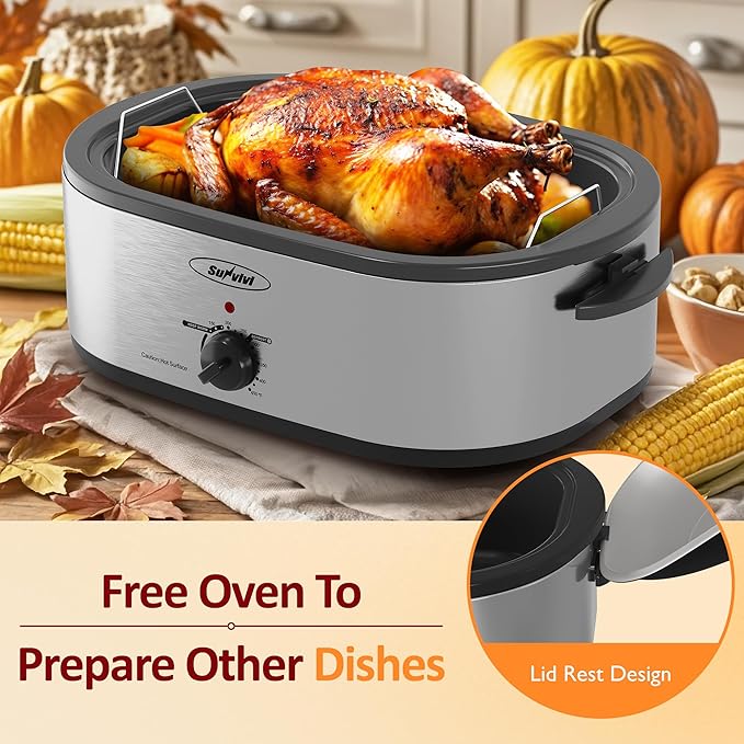 Sunvivi 18-Quart Roaster Oven with Self-Basting Lid, Electric Turkey Roaster Oven with Removable Pan and Rack, Stainless Steel, Sliver