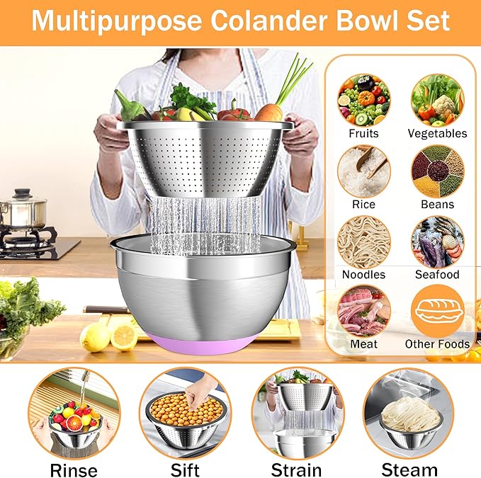 Mixing Bowls with Airtight Lids, Stainless Steel Mixing Bowl Set with 3 Metal Nesting Bowls, Colander & Grater, Non-Slip Bottoms, Size 1.5, 2.5, 6 QT, Great for Mixing & Serving, Mutilcolor