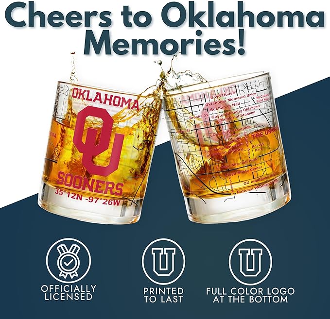 Greenline Goods – University of Oklahoma Sooners College Whiskey Glasses (Set of 2), 10 oz – Full-Color Logo + Campus Map