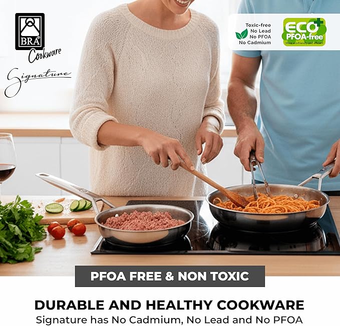 BRA COOKWARE Signature 2 Frying Pan Set | 8 + 10.2 inches Professional Skillet | Stainless Steel Frypan | All Stovetop Compatible Skillet | PFOA Free | w/o Non-Stick Coating | Polished Finish