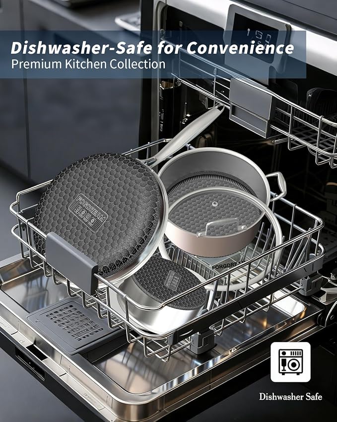 FogDream 7PCS Nonstick Cookware Set, 9.5" Fry Pan, 8 QT Soup Pot, 1.5 QT Sauce Pan with Tempered Glass Lids, Cool Handles, Dishwasher Safe, Induction Compatible for All Cooktops, Silver