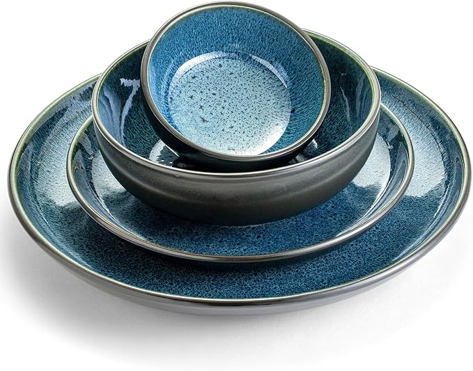 Sango Resona 16-Piece Blue Stoneware Dinnerware Set – Service for 4, Plate and Bowl Set, Delicate Blue Interior, Microwave & Dishwasher Safe, for Everyday Dining & Entertainment