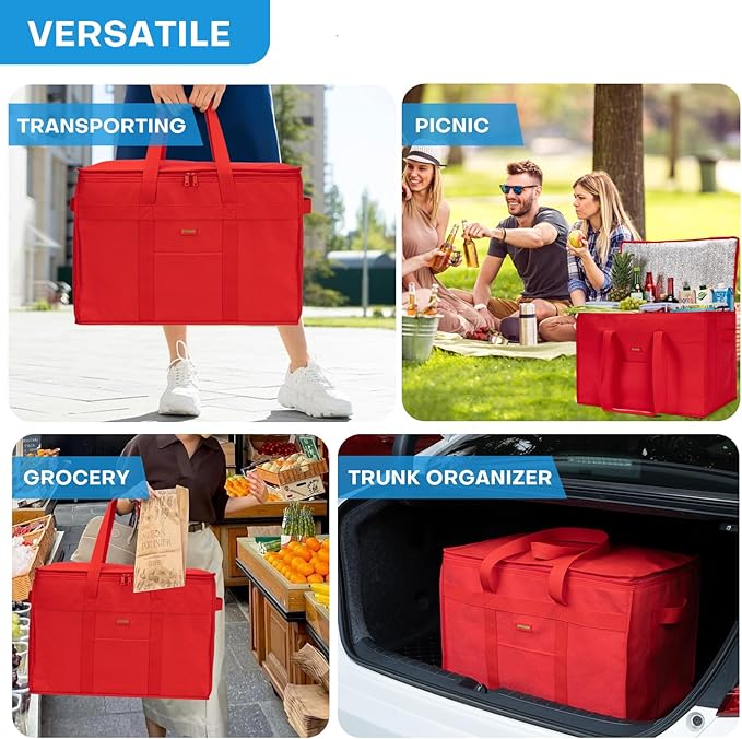 JUNGYOON 2-Pack Heavy-Duty Insulated Grocery Bags & Food Delivery Bag – Collapsible Cooler Bag with Zippered Top | Reusable Shopping Bags for Groceries, Picnics, Easy Storage(XL Red)