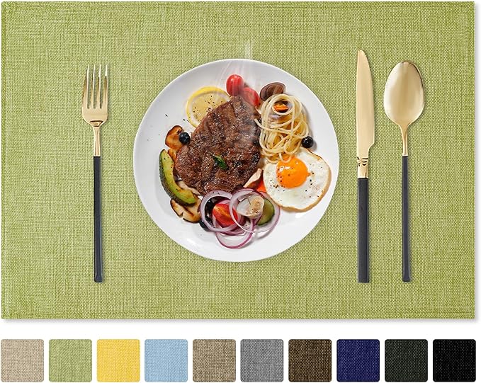 Romanstile Cloth Placemats Set of 4-12 x 18 Inch, Heat Resistant Double Layered Thickened Burlap Place Mats, Washable Faux Linen Farmhouse Table Mats for Kitchen/Dining/Party/Outdoor, Green