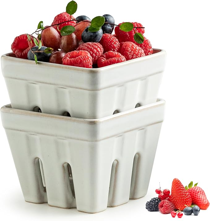 Gomakren Ceramic Berry Basket Set of 2, Square Fruit Bowl with Holes, Small Fruit Basket Containers for Kitchen Counter, Berries, Strawberry, Grape, Cherry, White