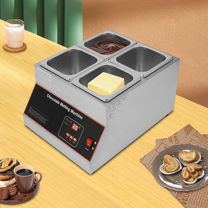 Chocolate Melting Pot, 500W 12kg/26.5lbs Electric Chocolate Tempering Machine, Stainless Steel Commercial Chocolate Melter Food Warmer for Catering Restaurant, 4 Tanks, 32-203°F