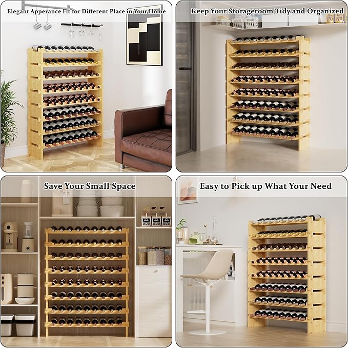 Bambloom Wine Rack Freestanding Floor, Stackable Wine Bottle Storage, Wooden Free Standing Wine Stand Organizer for Kitchen,Cellar. 36 Bottles Wine Holder Display Shelves for Champagne (Bamboo)