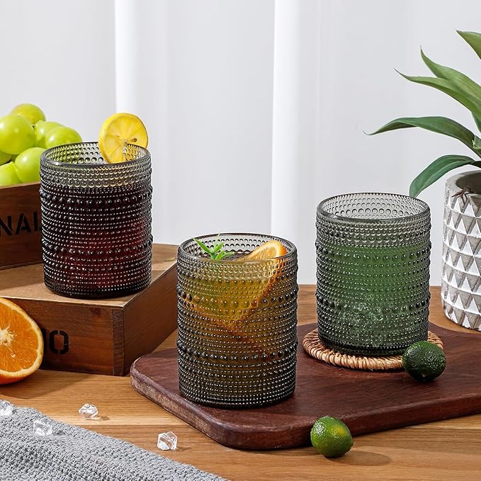 6-Pcs Hobnail Drinking Glasses Sets - 12 oz Vintage Kitchen Glassware Embossed Beaded Glass Cups, Gray Water Tumbler for Cocktail, Whiskey, Juice and Various Mixed Drinks