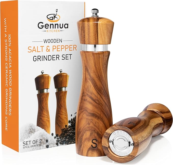 Wooden Salt and Pepper Grinder Set: Refillable Salt & Pepper Mills Adjust for Customized Coarseness, Crafted of Solid Acacia Wood with Ceramic/Stainless Steel Core, 8 Inches Each