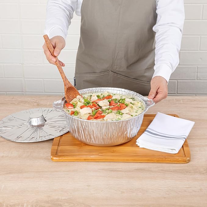 Foil Lux 5.6 Quart Pans And Lids, 100 Disposable Pots With Lids - Oven-Ready, Stove Compatible, Aluminum Foil Baking Pans, Freezable, For Outdoor Camping, Vacation, Picnic, And More - Restaurantware