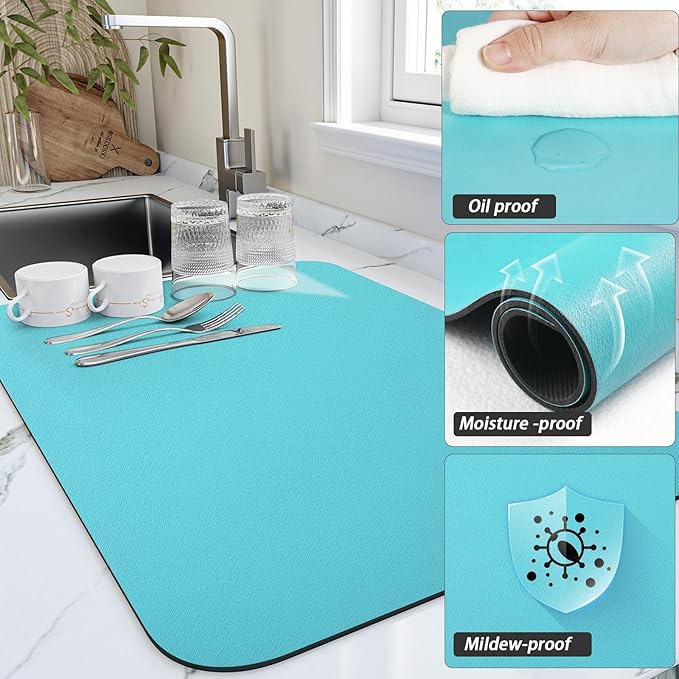 Dish Drying Mat for Kitchen Counter, Heat Resistant Drainer Mats with Non-slip Rubber Backed, Hide Stain Kitchen Super Absorbent Draining Mat, Easy to Clean Dish Rack Pad, Teal 18"x32"