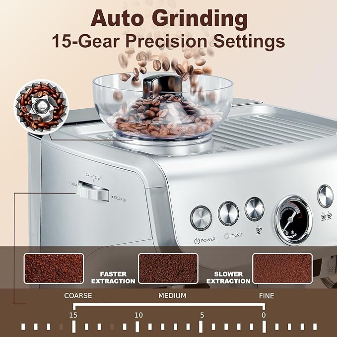 MIROX Espresso Machine 15 Bar, Coffee Maker With Milk Frother Steam Wand, Built-In Bean Grinder, Combo Cappuccino Machine with 70oz Removable Water Tank (ABS high-strength plastic shell)