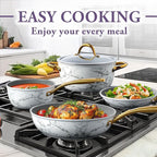 16Pcs Nonstick Cookware Sets, Kitchen Pots and Pans Set Non Stick for Cooking, Non Toxic Induction Cookware, Oven & Dishwasher Safe, Mable White