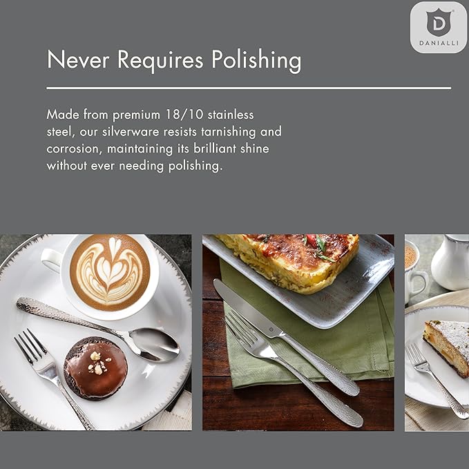 Hammered Silverware Set with Serving Utensils, 18/10 Stainless Steel Flatware for 8, Dishwasher Safe, Mirror Finish, Heavy-Duty, Built to Last (45-Piece Including a Serving Set, Fidenza Hammered)