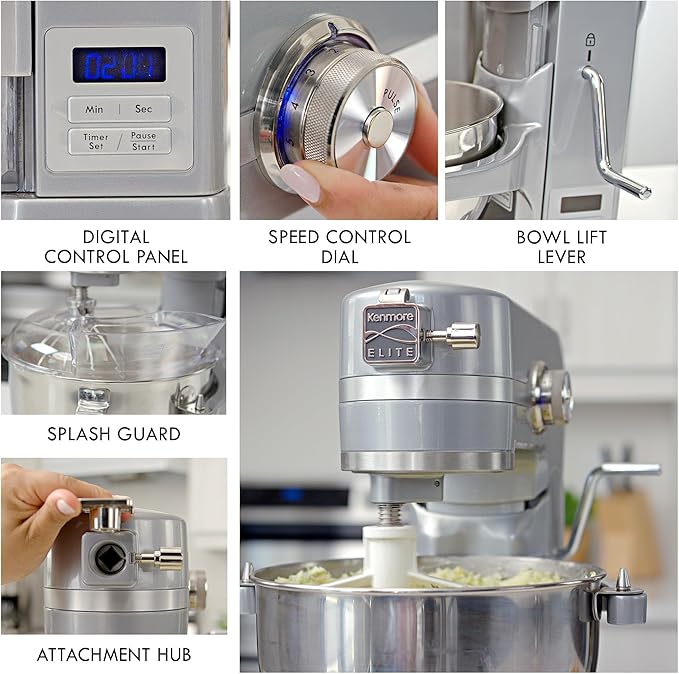 Kenmore Elite 600W Bowl Lift Stand Mixer - Digital 10 Speed Mixing, Electric, Countertop, Heavy Duty, Kitchen Appliance, 5 & 6 Qt Stainless Steel Bowls With Flat Beater, Whisk, Dough Hook Attachments