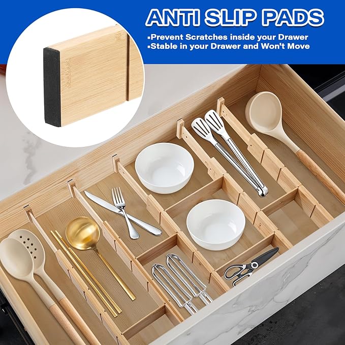 6 Pack Bamboo Drawer Dividers with 12 Inserts Expandable Adjustable 17" to 22" Drawer Organizers Separators for Kitchen, Bedroom, Home, Clothes, Dressers, Office