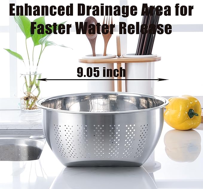 Rice Washer Strainer Bowl, Stainless Steel Quinoa Washing Bowl With Side Drainers Colander for Cleaning Rinsing Fruits, Vegetables, and Beans - Versatile Kitchen Tool