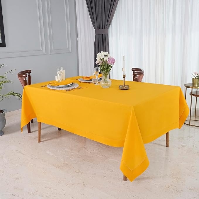 D'Moksha Homes Sunflower Yellow Linen Tablecloth for Rectangle Tables 60 x 102 Inch - Classic Hemstitch 100% Pure Linen Yellow Table Cloth - Machine Washable Dining Tablecloth for Fall, Halloween