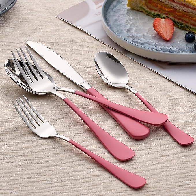 20-Piece Pink Silverware Set 18/0 Stainless Steel Silverware Set Pink Handle Cutlery Set Service for 4 Dinner Knives Forks Spoons Set Flatware Set Finish Dishwasher Safe