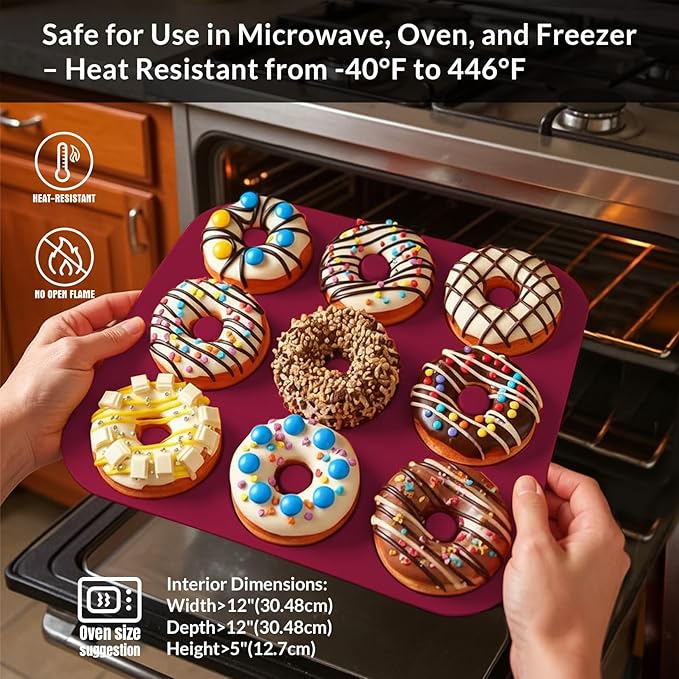 Large Silicone Donut Pan for Baking, 9 Cavity Non-Stick Food Grade Silicone Donut Molds, Doughnut Pan and Bagel Pans for Baking & Kitchen, BPA Free 11.2 x 11.1 Inches, Dishwasher Safe - Red