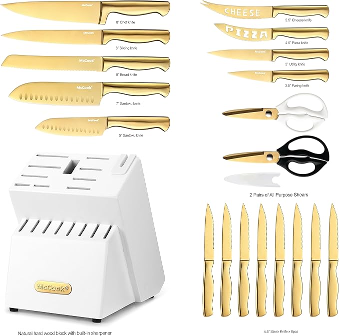 McCook® Kitchen Knife Sets, Golden Titanium Stainless Steel Knives Block Set with Built-in Sharpener