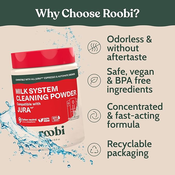 Roobi Compatible Milk System Cleaning Powder for Jura. Specially formulated for Jura Automatic Espresso Coffee Machines. 100% Vegan, Carbon Neutral.