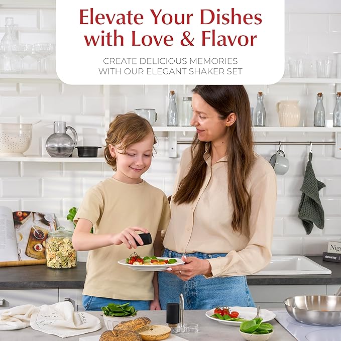 Black Salt and Pepper Shakers with Holder - Elegant Stainless Steel Salt Shaker and Pepper Shaker Set with Acrylic Holder for Kitchen Counter or Restaurant Table