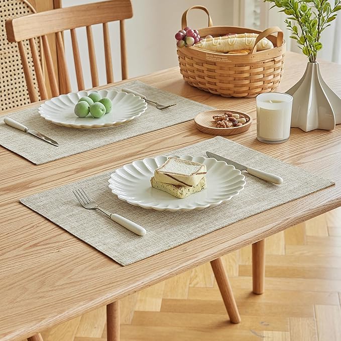 Softalker Faux Linen Placemats Set of 6-12 x 18 Inch, Heat Resistant Double Layered Durable Burlap Farmhouse Place Mats, Non-Slip Washable Rustic Table Mats for Dining, Kitchen, Party（Beige