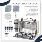 Picnic Basket Set for 4 with Waterproof Blanket Mat Insulation Bag Wicker White Navy Blue Stripe Classic Elegant Gift for Wedding Birthday Summer Camp Outdoor Camping Beach Travel Christmas