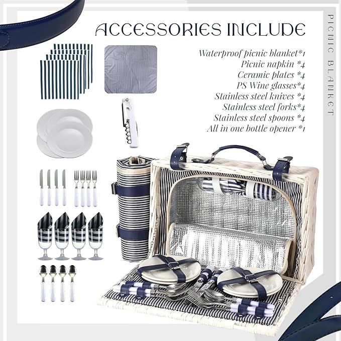 Picnic Basket Set for 4 with Waterproof Blanket Mat Insulation Bag Wicker White Navy Blue Stripe Classic Elegant Gift for Wedding Birthday Summer Camp Outdoor Camping Beach Travel Christmas