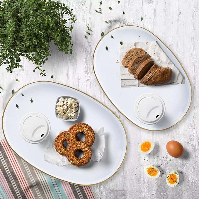 White Oval Decorative Tray with Handles, Set of 2 Versatile Nesting Trays for Patio Table, Ottoman, Ideal for Serving, Displaying, Organizing