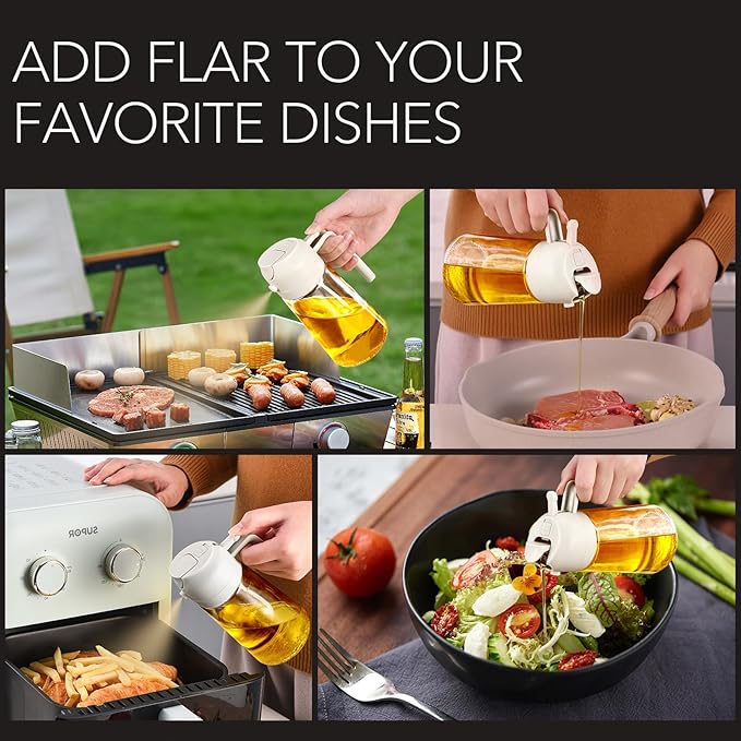 YARRAMATE 16oz/470ml Glass Olive Oil Sprayer for Cooking with Stickers, 2 in 1 Oil Dispenser for Kitchen Gadgets, Food Grade Premium Spray Bottle for Salad, Frying, BBQ (Creamy White)