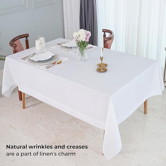 D'Moksha Homes White Linen Tablecloth for Rectangle Tables 60 x 84 Inch - Classic Hemstitch 100% Pure Linen White Table Cloth - Machine Washable Dining Tablecloth for Summer, Fall and Halloween