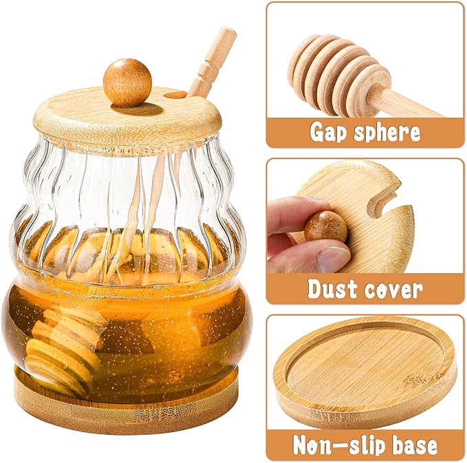 Glass Honey Pot Honey Jar witn Dipper and Wooden Lid, Honey Dispenser for Home,Tea Shops,Cafes, Restaurants (1)