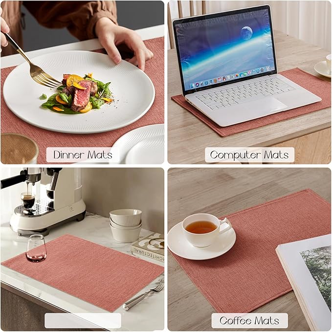 Romanstile Cloth Placemats Set of 4-12 x 18 Inch, Heat Resistant Double Layered Thickened Burlap Fall Place Mats, Washable Faux Linen Farmhouse Table Mats for Kitchen/Dining/Party/Outdoor, Orange