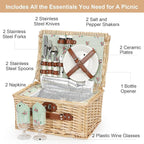 ZORMY Wicker Picnic Basket for 2 Person, Willow Hamper Basket Sets with Insulated Compartment, Handmade 2 Person Picnic Basket for Camping - Flower