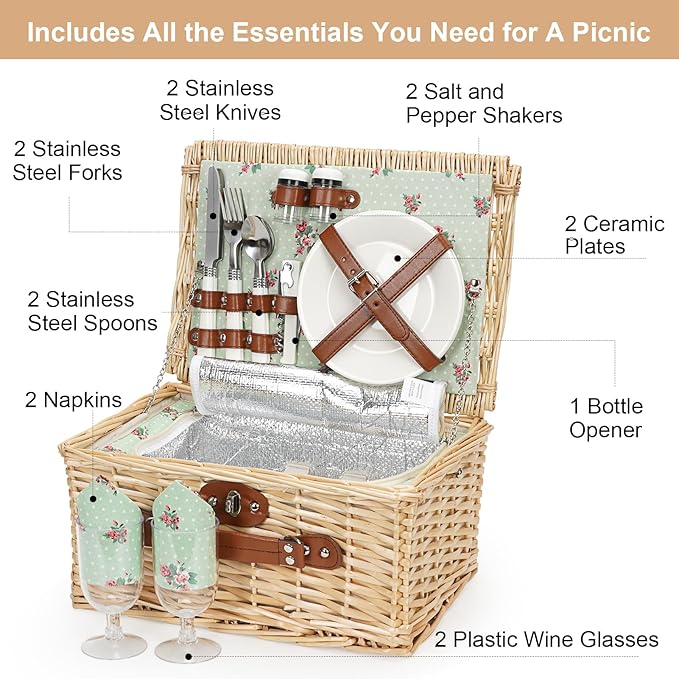 ZORMY Wicker Picnic Basket for 2 Person, Willow Hamper Basket Sets with Insulated Compartment, Handmade 2 Person Picnic Basket for Camping - Flower