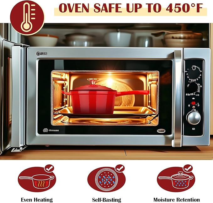 E-far Enameled Cast Iron Sauce Pan, 2 Quart Dutch Oven Saucepan with Lid, Small Sauce Pot for Cooking, Boiling, Healthy & Non Toxic, Induction & Oven Safe, Red