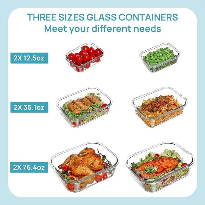Vtopmart 2.26L/76oz Extra Large Glass Food Storage Containers with Lids, 6 pack Meal Prep Container Set, Airtight Lunch Boxes with Snap Locking Lids for Microwave, Oven, Freezer, Dishwasher