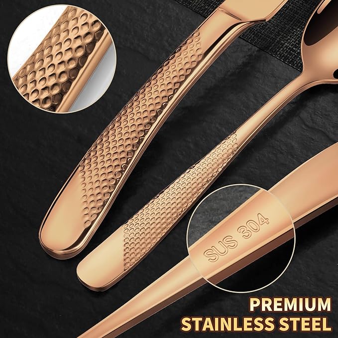 Lemeya 20-Piece Hammered Rose Gold Silverware Set for 4 with Serrated Forging Knives,18/10 Stainless Steel Modern Flatware Set,Unique Cutlery Set Spoons and Forks Set,Mirror Polished,Dishwasher Safe