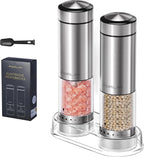 FORLIM Electric Salt and Pepper Grinder Set, Upgraded Washable, Batteries Powered Automatic One-Handed Operation with LED, Adjustable Coarseness Pepper and Salt Grinder Refillable, Stainless Steel