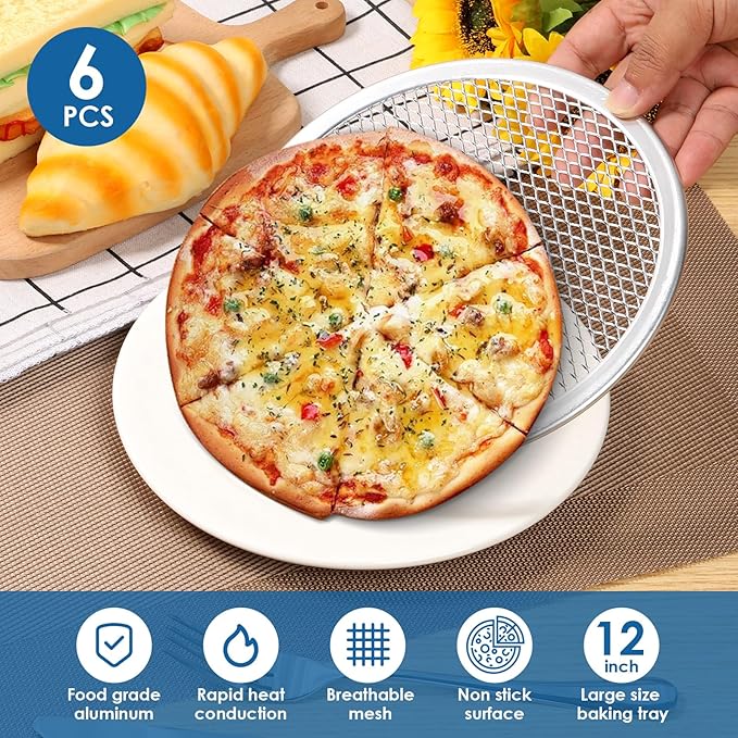 6 Pcs Pizza Tray 12 inch Pizza Screen Non Stick Pizza Oven Tray Temperature Resistant Pizza Mesh Baking Tray Reusable Pizza Mesh Pan for Baking Oven Home Restaurant