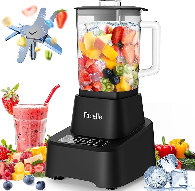 Smoothie Blender, Facelle Countertop Blender for Kitchen, 55 oz Glass blender for smoothies and Shakes, Licuadora, Smoothie maker with touchscreen 3+P Speeds, Cleaning brush ＆ removable SS304 blade