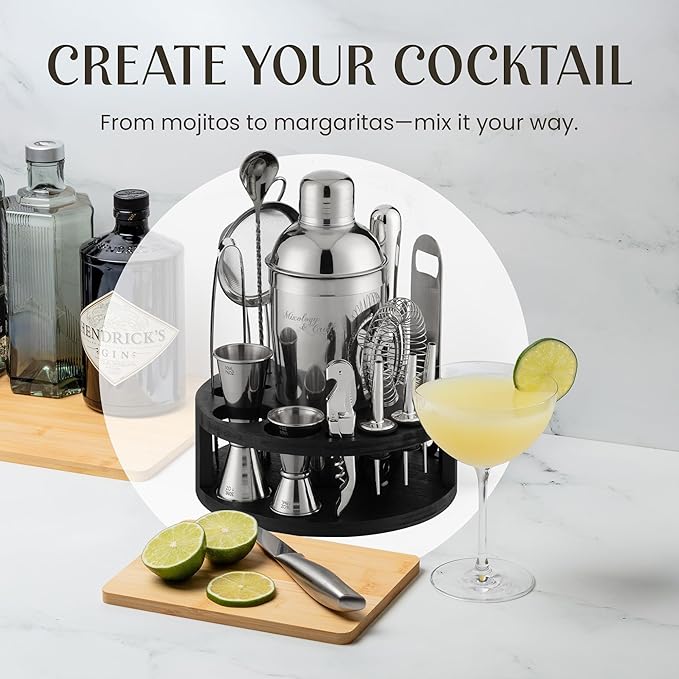 Mixology & Craft Bartender Kit – 15-Piece Cocktail Shaker Set with Bar Tools, Premium Stainless Steel Drink Mixer Accessories for Home Bar, Includes Bamboo Stand, Plus Exclusive Recipe Cards (Silver)