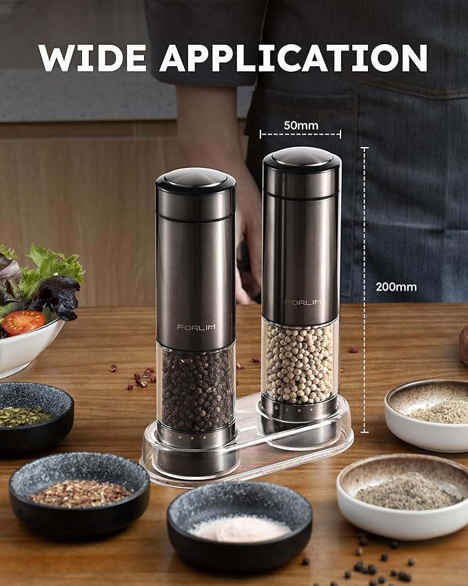FORLIM Rechargeable Electric Salt and Pepper Grinder Set - Automatic One-Handed Operation Mill with Light (2 Mills) - Electronic Adjustable Shakers - Ceramic Grinder - Gunmetal Gray