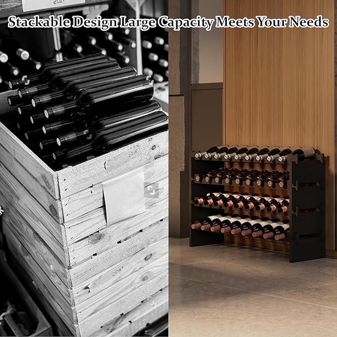 Bambloom Wine Rack Freestanding Floor, Stackable Wine Bottle Storage, Wooden Free Standing Wine Stand Organizer for Kitchen,Cellar. 36 Bottles Wine Holder Display Shelves for Champagne (Black)